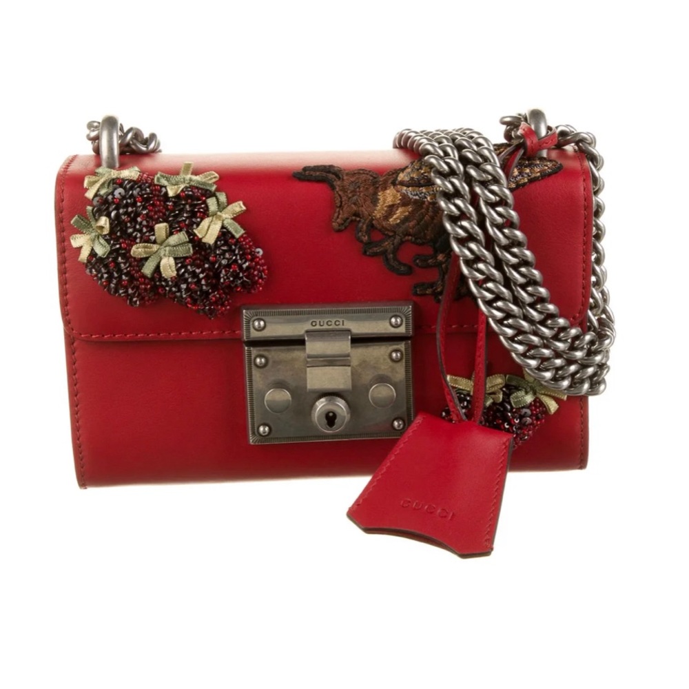 Authentic Gucci Red Embroidered Bee and Strawberry Padlock Shoulder Bag *New*